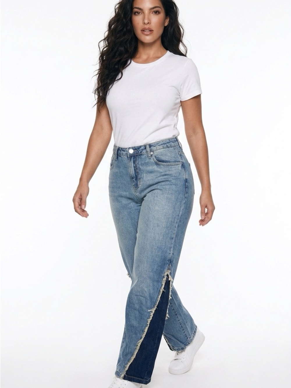 PTCL Northstrom Frayed Two-Tone Side-Slit Wide Leg Jeans - Light Blue